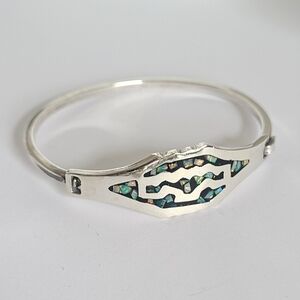 Vintage Boho Sterling Silver Fire Opal Mosaic Western Mexico Bangle Bracelet